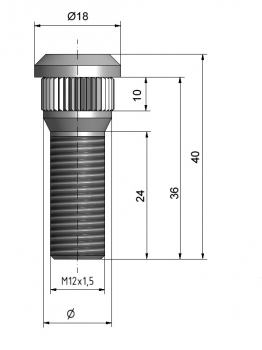 5x  Radbolzen mit Riffelbund Riffelbolzen M12 x 1.5 /14,7 mm, 24/40 mm verzinkt