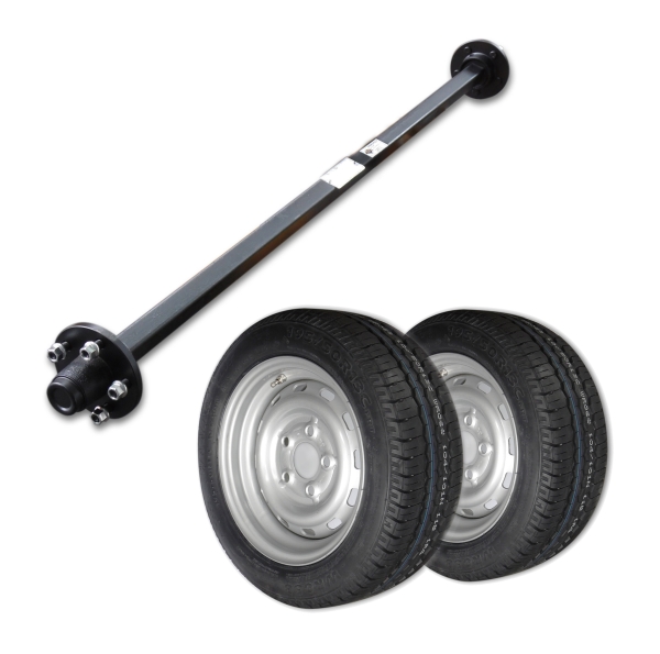 Agriculture trailer axle,  carrying axle 40 mm square 1500 mm 1850 kg - 5 x 112 - plus 2x 13" complete wheels