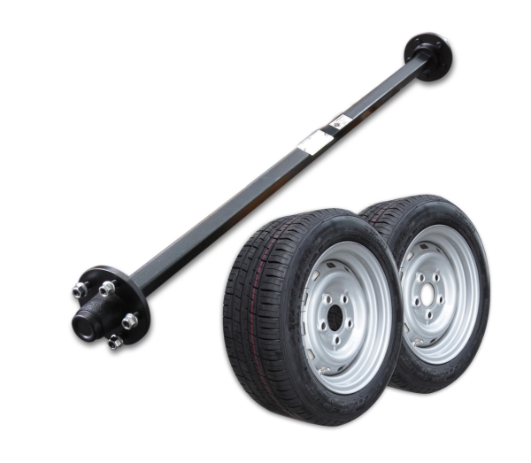 Agriculture trailer axle,  carrying axle 40 mm square 1500 mm 1850 kg - 5 x 112 - plus 2x 13" complete wheels