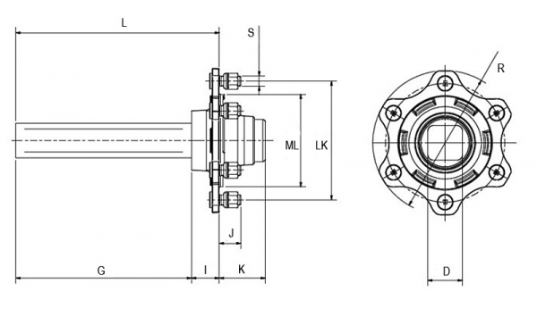 Running axle stub 6-holes 6/160/205 - 350 mm 60mm(square)