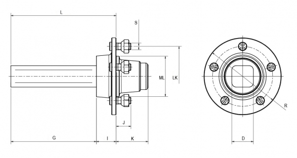 Running axle stub 5-holes 5/66/112 - 240 mm 40mm(square)